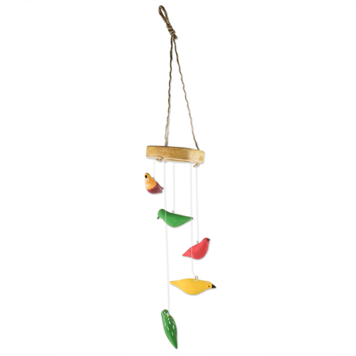 Wood mobile, 'Feathered Friends' - Hand Carved Wood Bird Mobile
