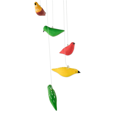 Wood mobile, 'Feathered Friends' - Hand Carved Wood Bird Mobile