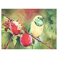 Giclee print on canvas, 'Sweet Fruit' - Signed Giclee Bird and Peach Print from Costa Rica
