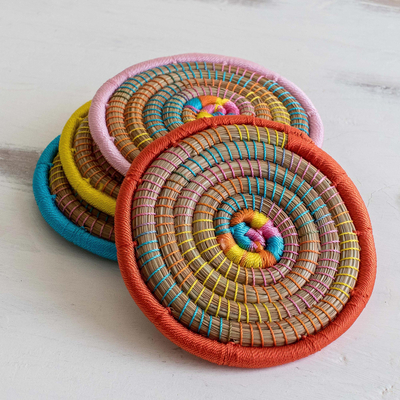 Pine needle coasters, 'Fiesta of colour' (set of 4) - Handmade Pine Needle Coasters (set of 4)