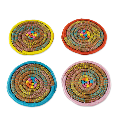 Pine needle coasters, 'Fiesta of Color' (set of 4) - Handmade Pine Needle Coasters (set of 4)