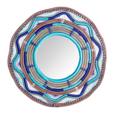 Natural fiber mirror, 'Moonshine' - Pine Needle and Yarn Framed Wall Mirror from Nicaragua,