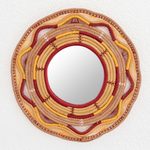 Pine needle wall mirror, 'Sunburst' - Pine Needle And Yarn Hand-Made Framed Mirror From Nicaragua