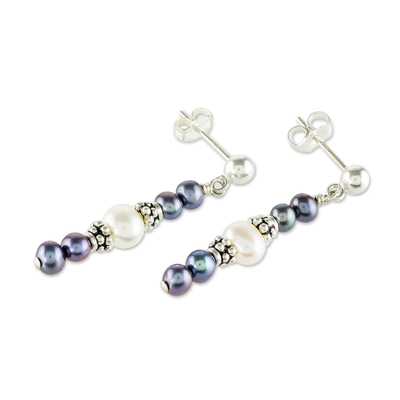 Cultured pearl dangle earrings, 'Peacock Pride' - Beaded Cultured Pearl Earrings
