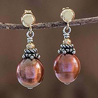 Gold-accented cultured pearl dangle earrings, Costa Rican Coffee