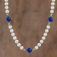 Cultured pearl and lapis lazuli beaded necklace, 'Blue and White' - Lapis Lazuli and Cultured Pearl Necklace