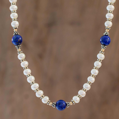Halskette aus Zuchtperlen und Lapislazuli-Perlen - Halskette aus Zuchtperlen und Lapislazuli-Perlen