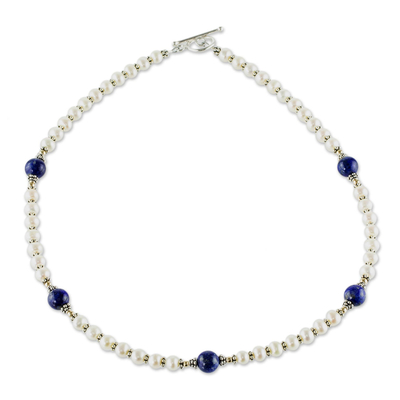 Cultured pearl and lapis lazuli beaded necklace, 'Blue and White' - Lapis Lazuli and Cultured Pearl Necklace