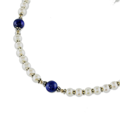Lapis Lazuli and Cultured Pearl Necklace - Blue and White | NOVICA