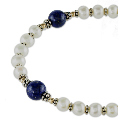 Cultured pearl and lapis lazuli beaded bracelet, 'Blue and White' - Beaded Bracelet with Cultured Pearl and Lapis Lazuli