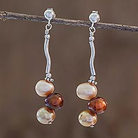 Cultured pearl dangle earrings, 'Study in Bronze' - Hand Crafted Cultured Pearl Earrings