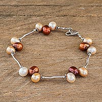 Cultured pearl link bracelet, 'Study in Bronze' - Link Bracelet with Cultured Pearls