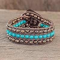 Beaded wristband bracelet, 'Boho Beach' - Handmade Bronze and Blue Crystal Bracelet