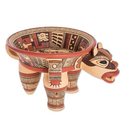 Ceramic vessel, 'Jaguar Offering' - Pre-Hispanic Style Jaguar Ceramic Ceremonial Vessel