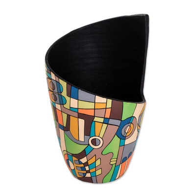 Decorative terracotta vase, 'Asymmetrical' - Handmade Decorative Vase with Cubist Design
