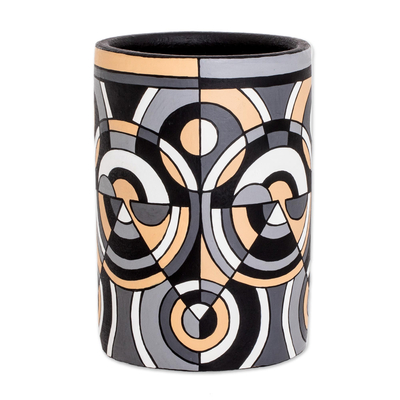 Decorative terracotta vase, 'Intriguing Illusion' - Hand Painted Decorative Vase
