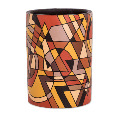 Decorative terracotta vase, 'Inspired Geometry' - Handmade Cubist-Inspired Decorative Vase