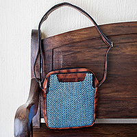 Leathe-accented cotton crossbody bag, 'Jaspe' - Cotton Jaspe Weave and Leather Crossbody Bag from Guatemala