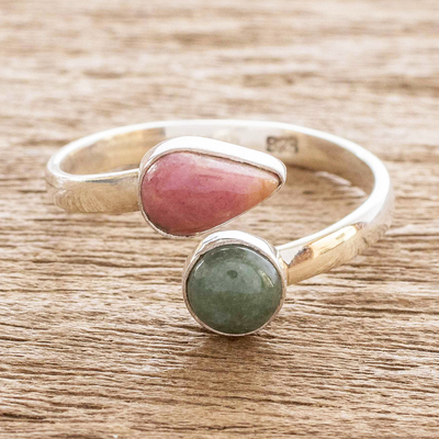 Jade and rhodonite wrap ring, 'Now and Then' - Rhodonite and Jade Ring