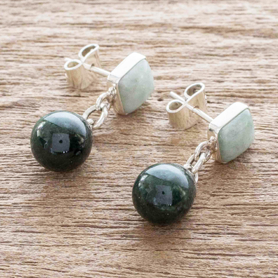 Jade dangle earrings, 'Maya Geometry' - Light and Dark Green Jade Earrings