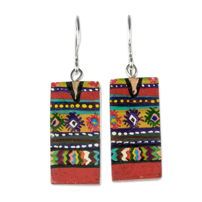 Wood dangle earrings, 'San Juan Comalapa' - Artisan Painted Wood Earrings
