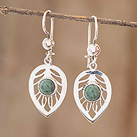 Jade dangle earrings, 'Leaf Center' - Leaf-Shaped Green Jade Earrings