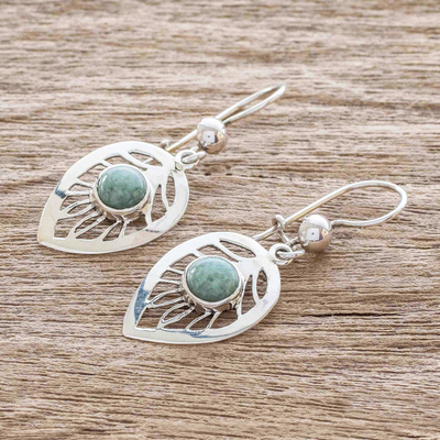 Jade dangle earrings, 'Leaf centre' - Leaf-Shaped Green Jade Earrings