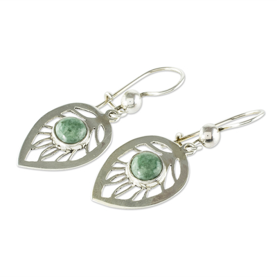Jade dangle earrings, 'Leaf centre' - Leaf-Shaped Green Jade Earrings