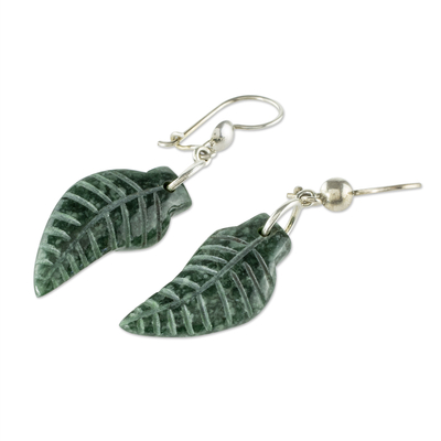 Jade dangle earrings, 'Maya Leaf' - Carved Jade Leaf Earrings
