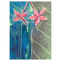 'Flower in Leaf' - Original Signed Costa Rican Fine Art Flame Flower Painting