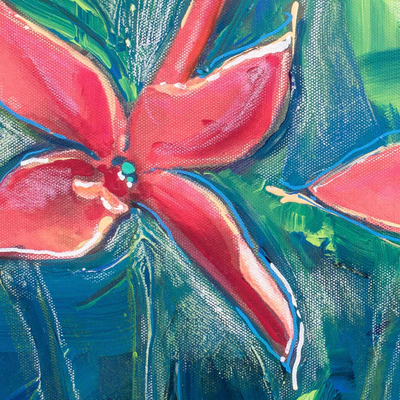 'Flower in Leaf' - Pintura de flor de llama de bellas artes costarricense original firmada