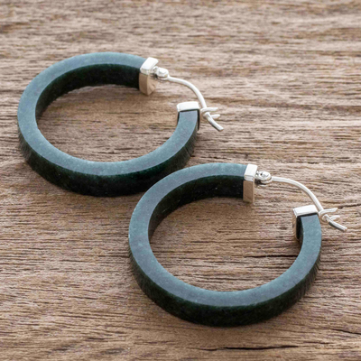 Jade hoop earrings, 'Synchronicity in Dark Green' - Handmade Jade Hoop Earrings