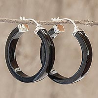 Jade hoop earrings, 'Synchronicity in Black' - Artisan Black Jade Hoop Earrings