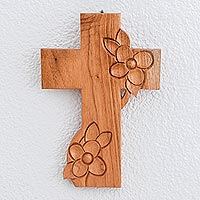 Wood wall cross, 'Growing Faith' - Hand-carved Wooden Cross With Flowers From Guatemala