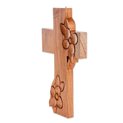 Wood wall cross, 'Growing Faith' - Hand-carved Wooden Cross With Flowers From Guatemala