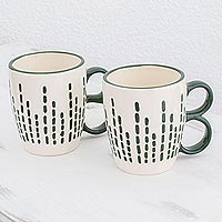 Ceramic mugs, 'Green Dash' (pair) - Handcrafted Ceramic Mugs from El Salvador (pair)