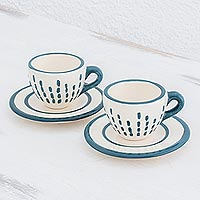 Ceramic espresso cups and saucers, 'Teal Dash' (pair) - Handcrafted Ceramic Espresso Cups from El Salvador (Pair)