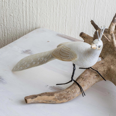 Ceramic figurine, 'Albino Indian Peafowl' - Ceramic Albino Indian Peafowl Figurine From Guatemala