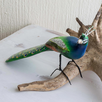 Ceramic sculpture, 'Common Peafowl' - Hand Crafted Peacock Sculpture