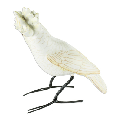 Ceramic sculpture, 'Umbrella Cockatoo' - Artisan Crafted Ceramic White Cockatoo Sculpture