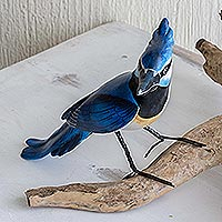 Ceramic sculpture, 'Black-throated Magpie-jay' - Signed Hand Painted Bird Sculpture