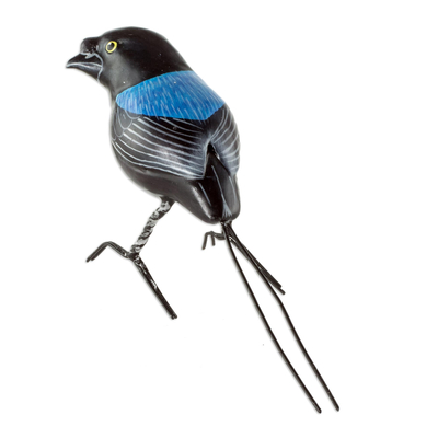 Ceramic sculpture, 'Long-tailed Manakin' - Colorful Hand Painted Bird Sculpture