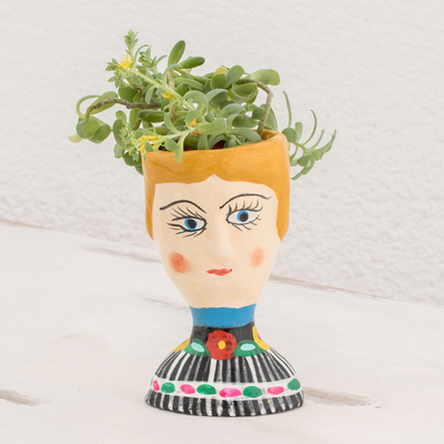 Small ceramic planter, 'Elena' - Artisan Crafted Planter with Lady's Face