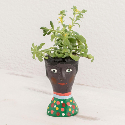 Mini ceramic planter, 'Carolina' - Fun Hand Painted Mini Ceramic Planter
