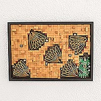 Collage de madera de medios mixtos, 'Transhumanismo' - Collage de arte de pared de madera de medios mixtos abstracto de Guatemala