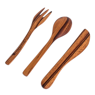 Wood flatware set, 'Dining Out' (3 pieces) - Hand Crafted Wood Utensil Set (3 Pieces)