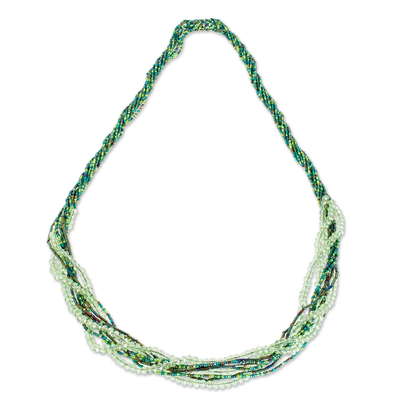 Glass beaded torsade necklace, 'Sirena' - Green Glass Beaded Long Rope Necklace from Guatemala