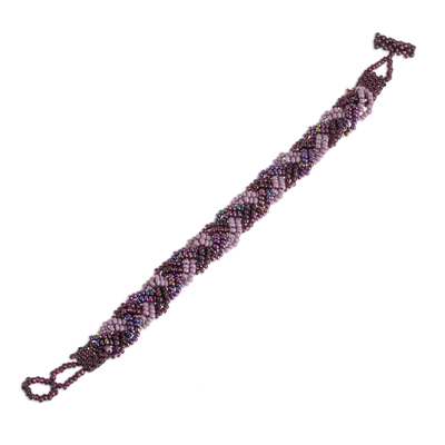Beaded wristband bracelet, 'Braided Plum' - Hand Crafted Purple Bead Bracelet