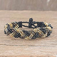 Beaded wristband bracelet, 'Braided Black and Gold'