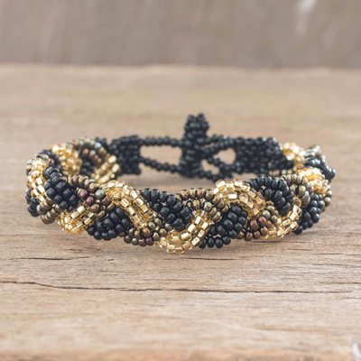 Beaded wristband bracelet, 'Braided Black and Gold' - Black and Gold Beaded Bracelet
